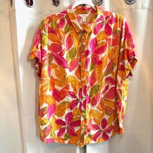 Time Tru Womens Top XL Floral Tropical Linen Lyocell Blend Dopamine Fall  19064